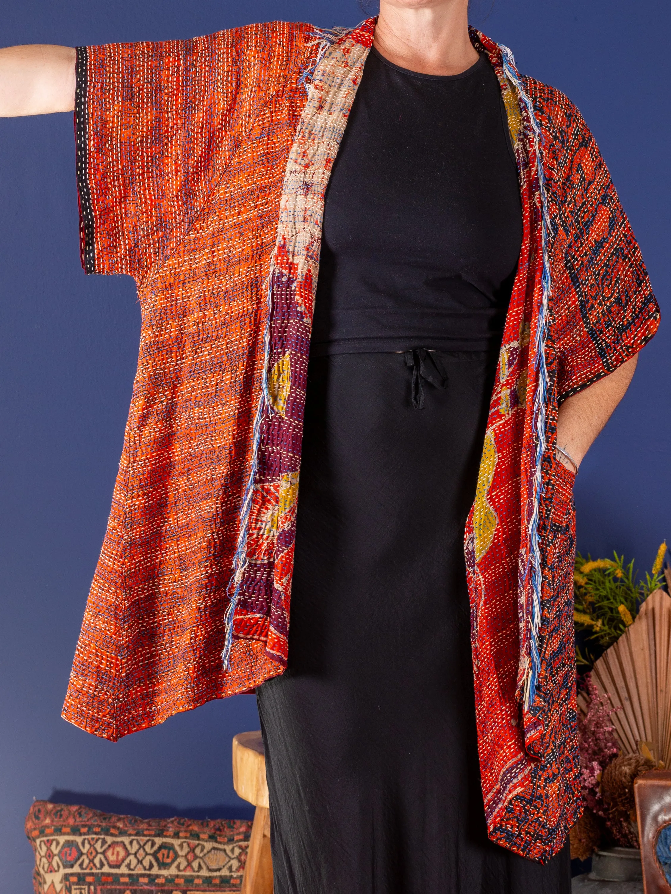 Kimono - silk reversible featuring hand stitching and pockets - Aranyani