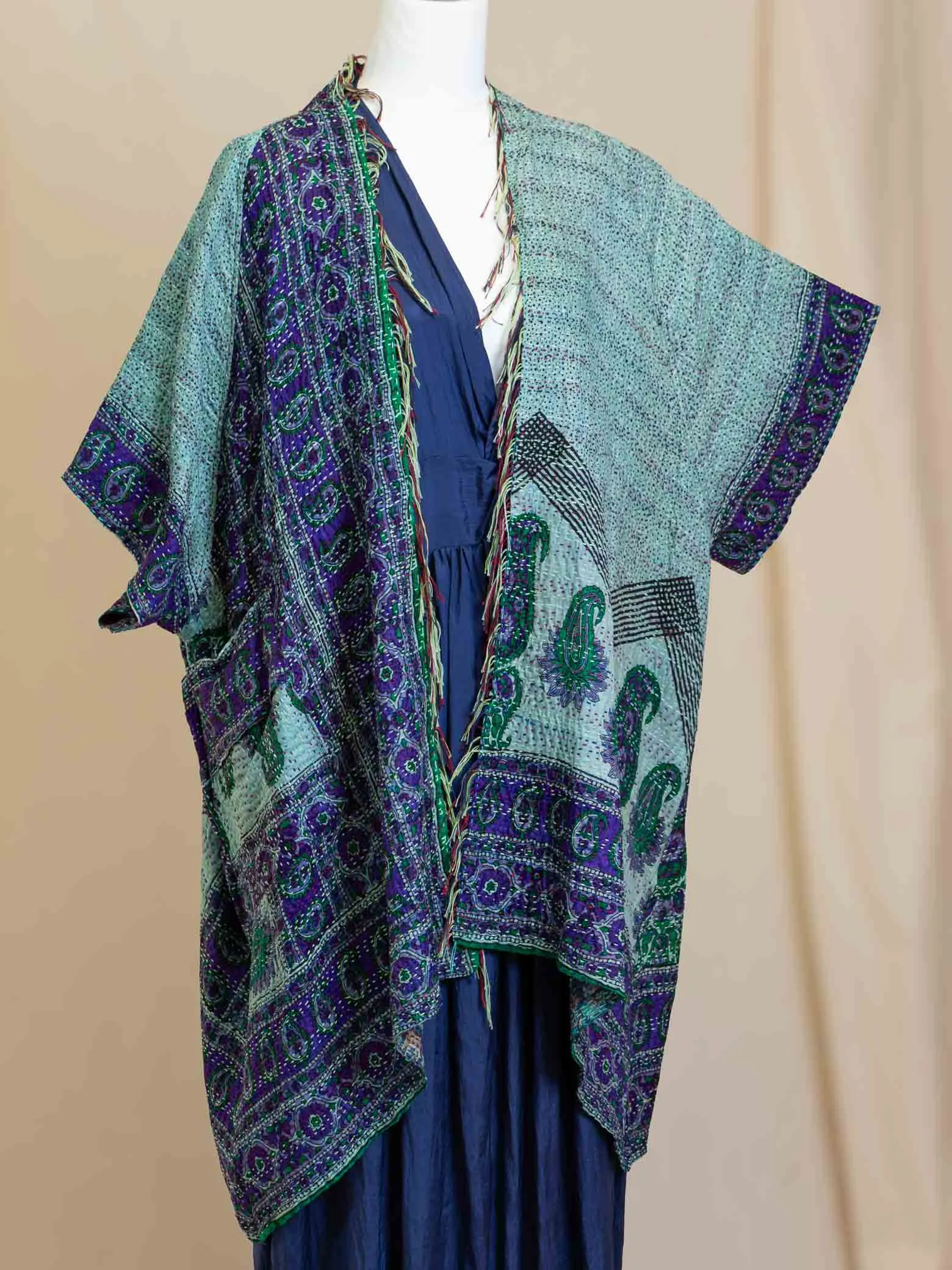 Kimono - silk reversible featuring hand stitching and pockets - Ocean Divination