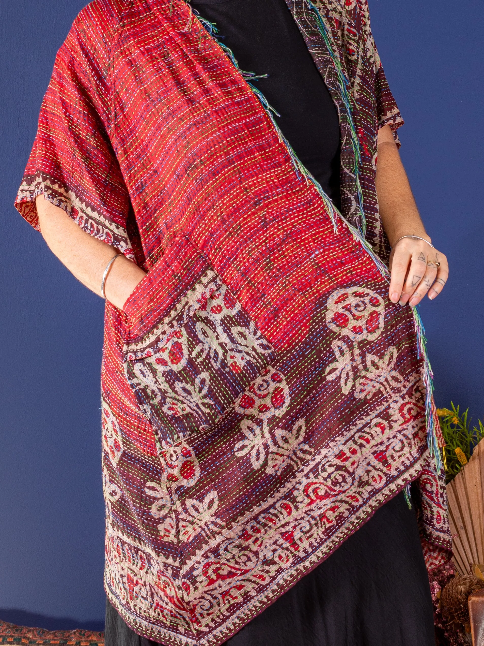 Kimono - silk reversible featuring hand stitching and pockets - oversized 'Dark Waters'