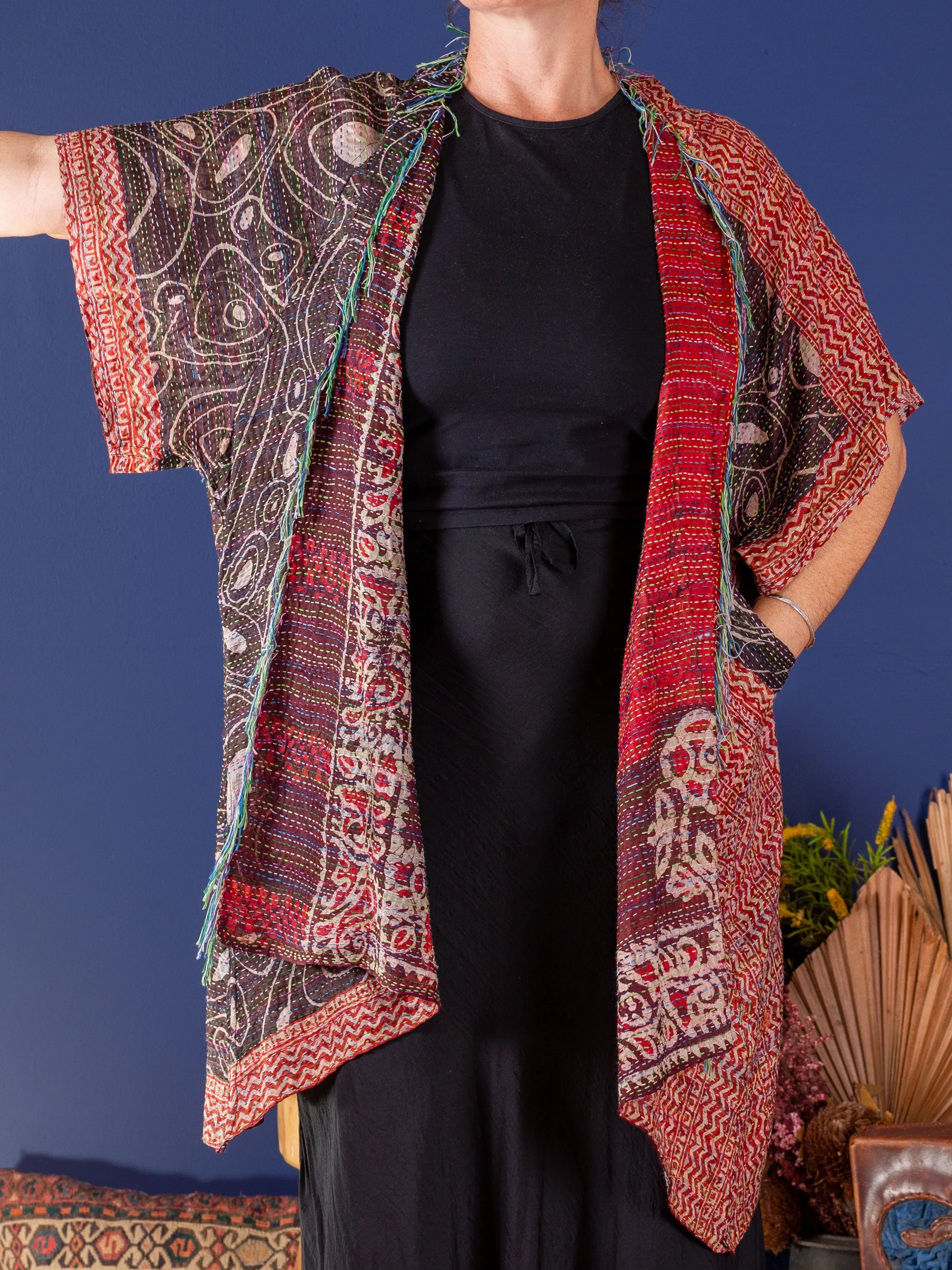 Kimono - silk reversible featuring hand stitching and pockets - oversized 'Dark Waters'