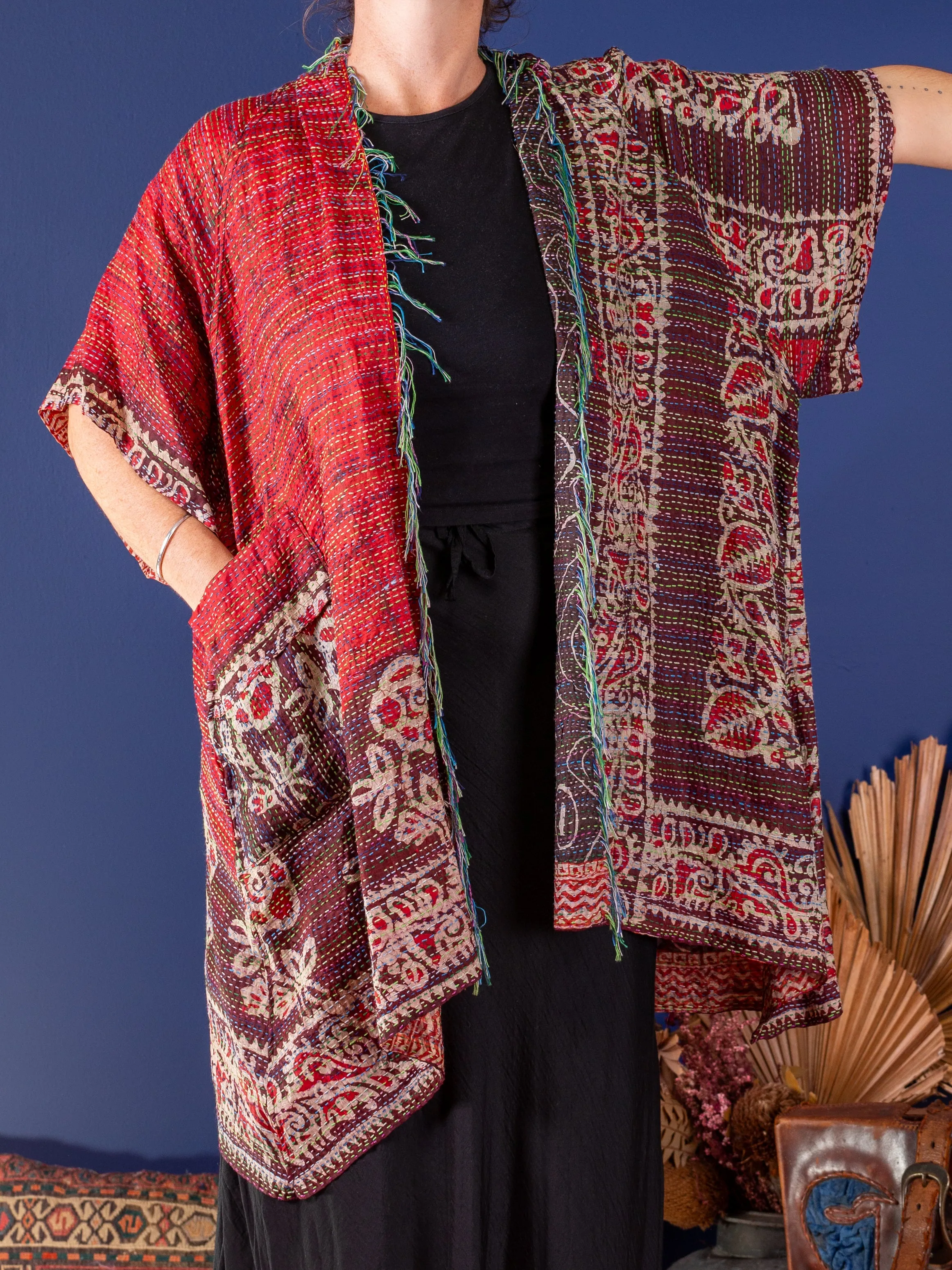 Kimono - silk reversible featuring hand stitching and pockets - oversized 'Dark Waters'
