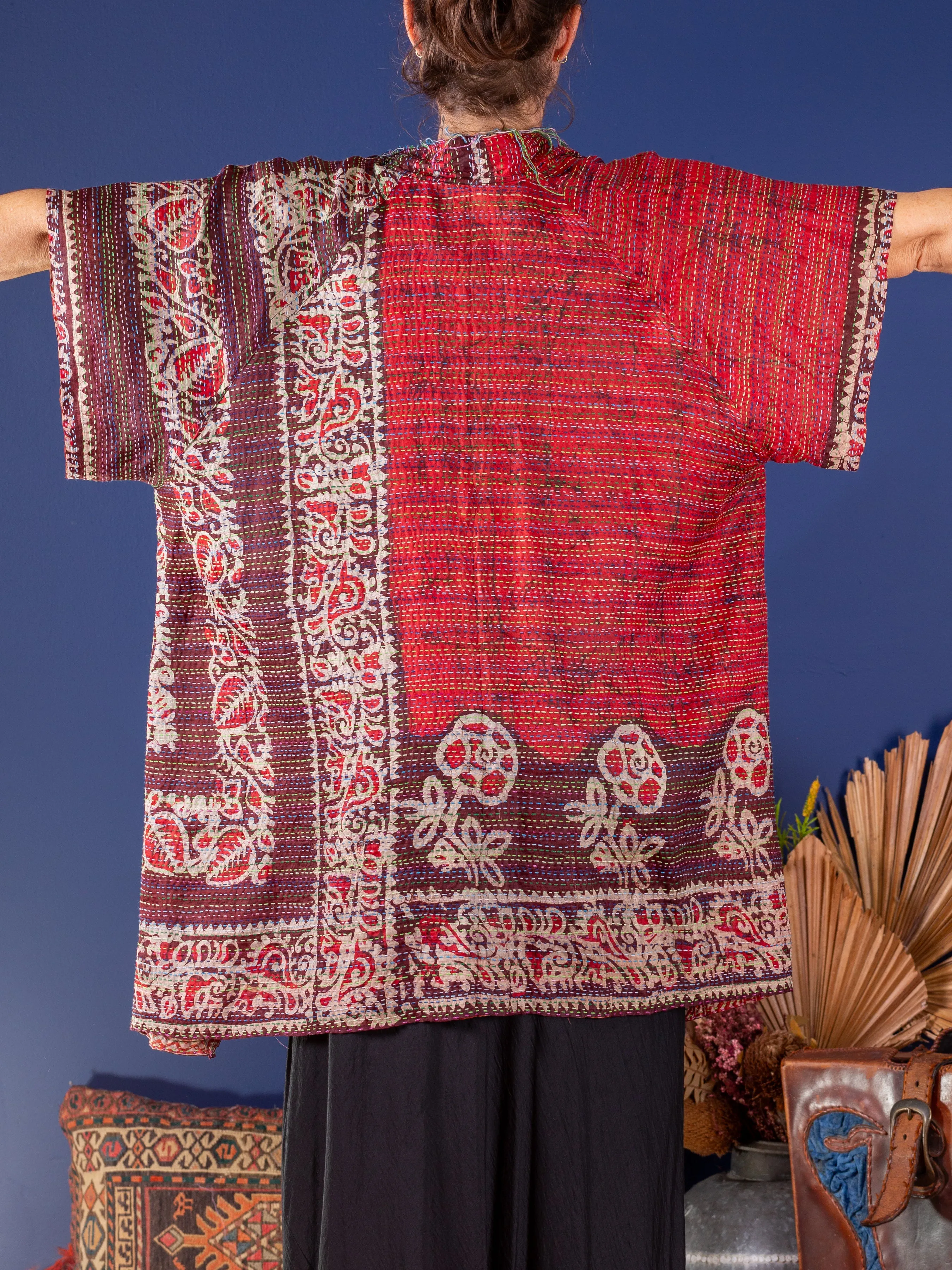 Kimono - silk reversible featuring hand stitching and pockets - oversized 'Dark Waters'