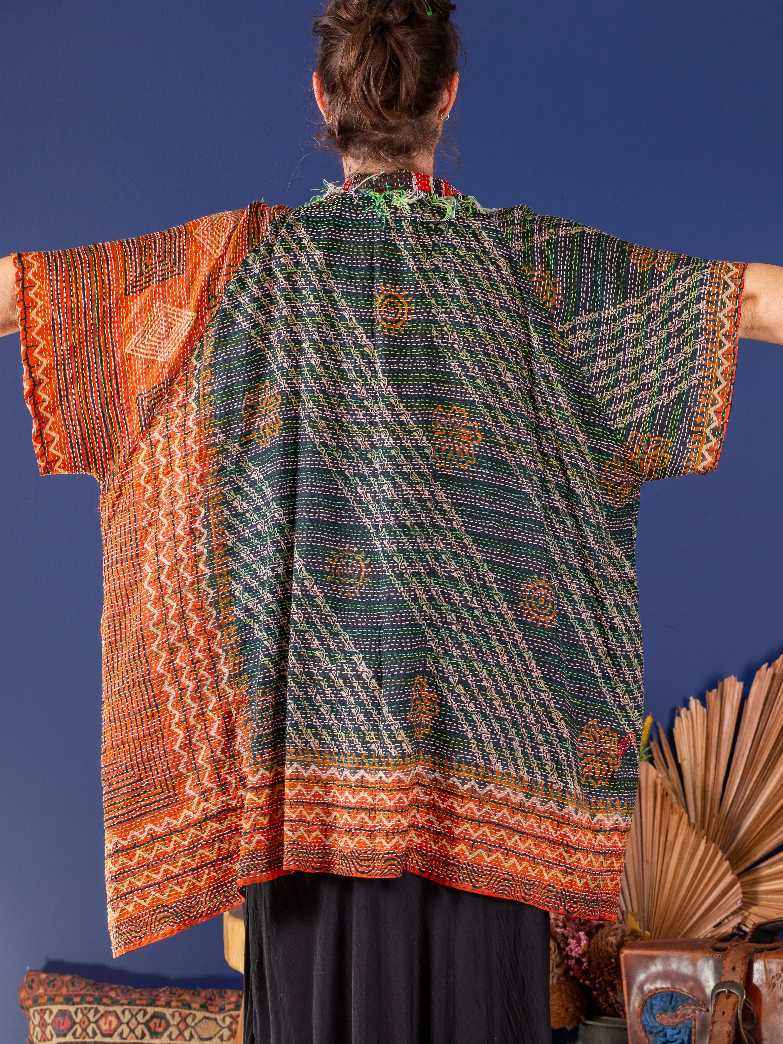 Kimono - silk reversible featuring hand stitching and pockets - oversized - Ocean and earth