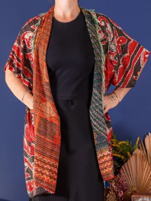 Kimono - silk reversible featuring hand stitching and pockets - oversized - Ocean and earth