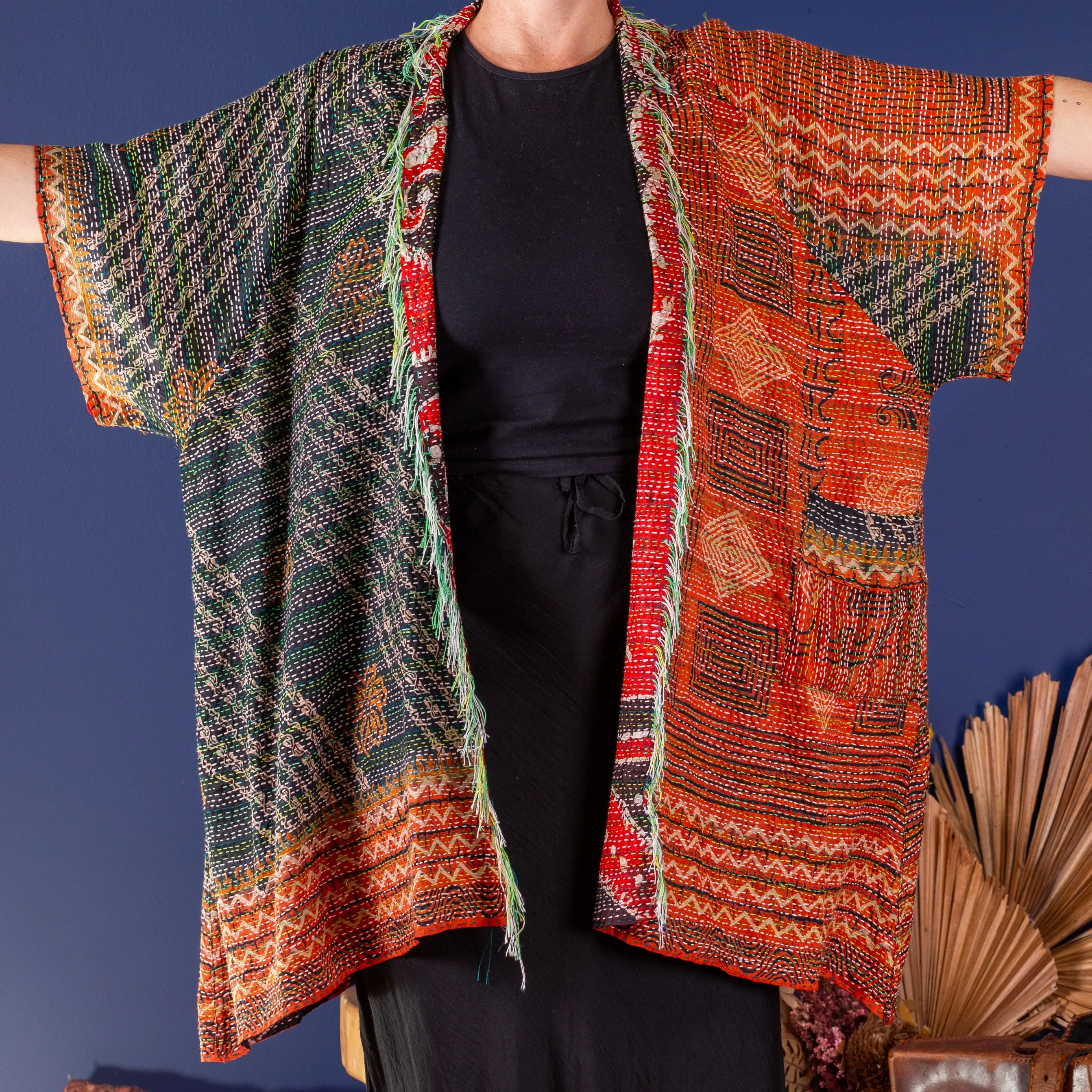 Kimono - silk reversible featuring hand stitching and pockets - oversized - Ocean and earth