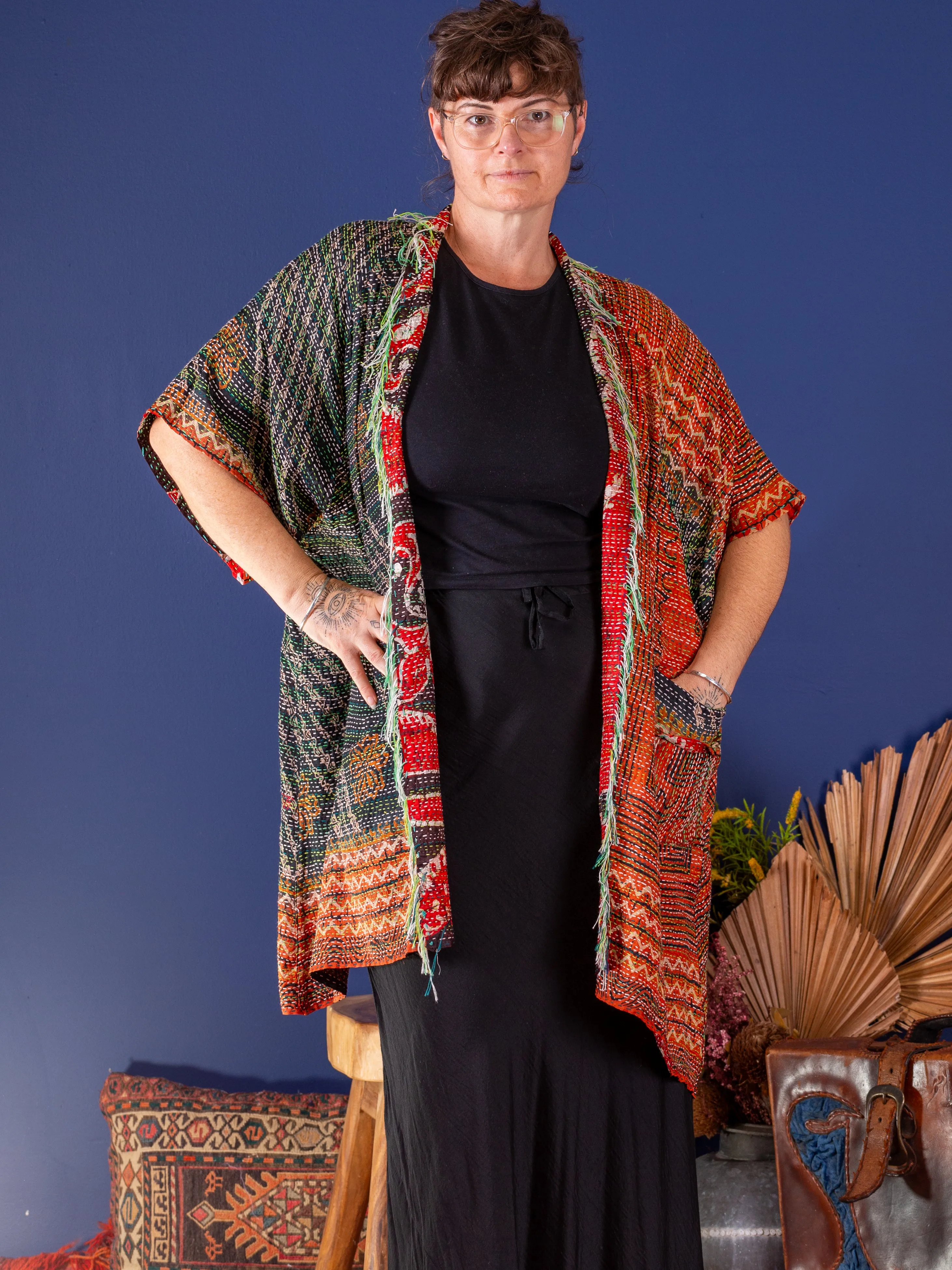 Kimono - silk reversible featuring hand stitching and pockets - oversized - Ocean and earth