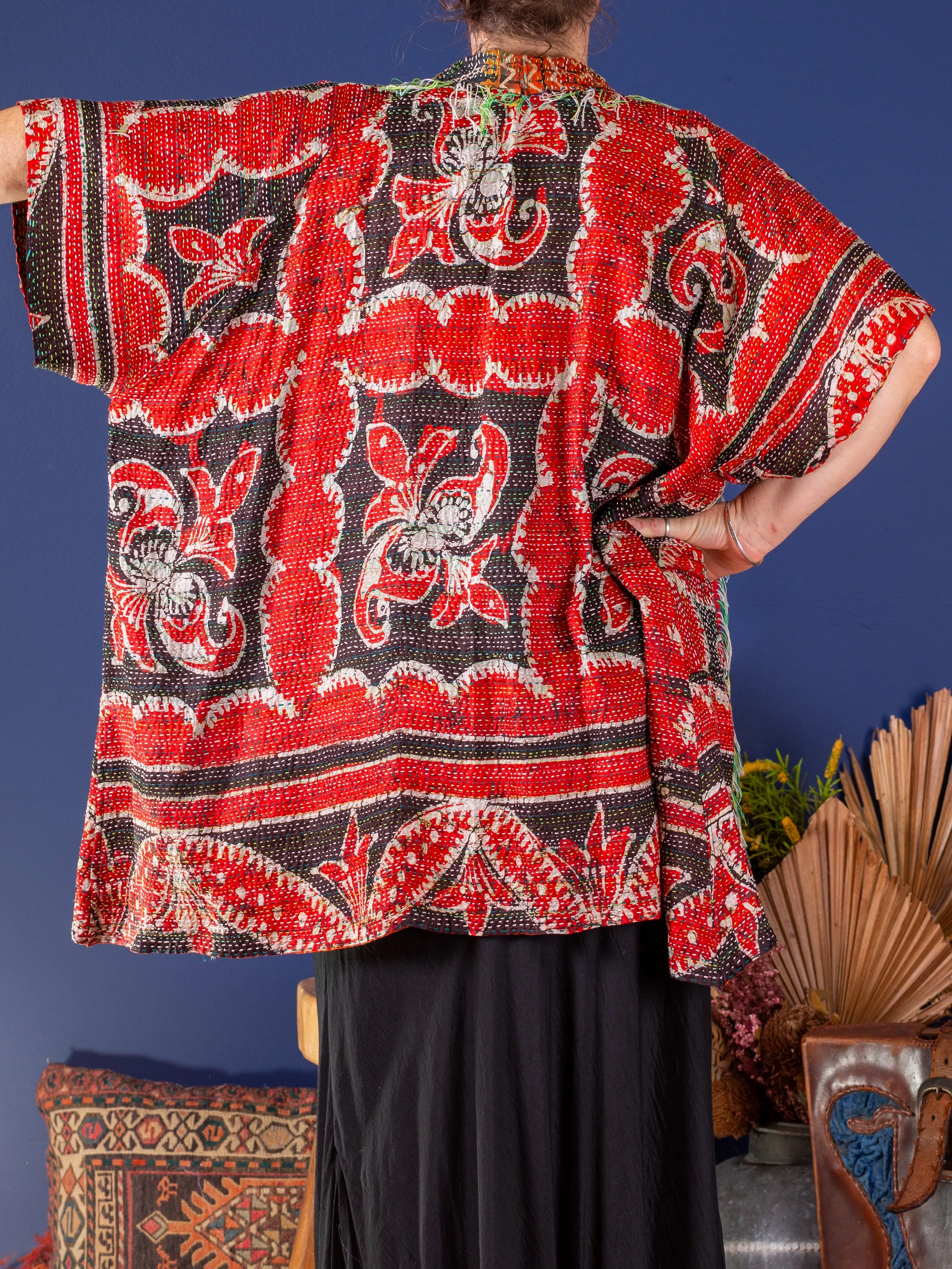 Kimono - silk reversible featuring hand stitching and pockets - oversized - Ocean and earth
