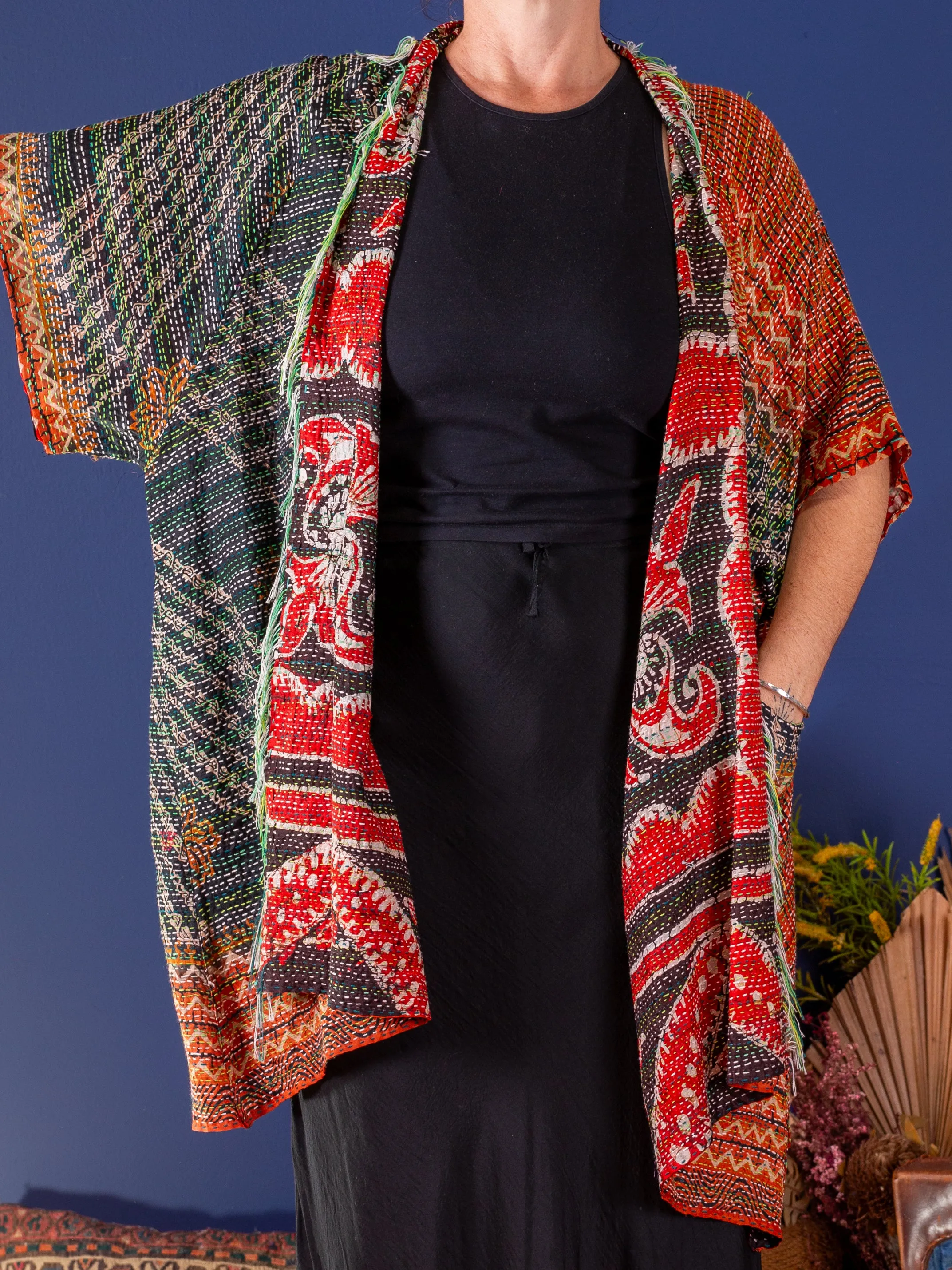 Kimono - silk reversible featuring hand stitching and pockets - oversized - Ocean and earth