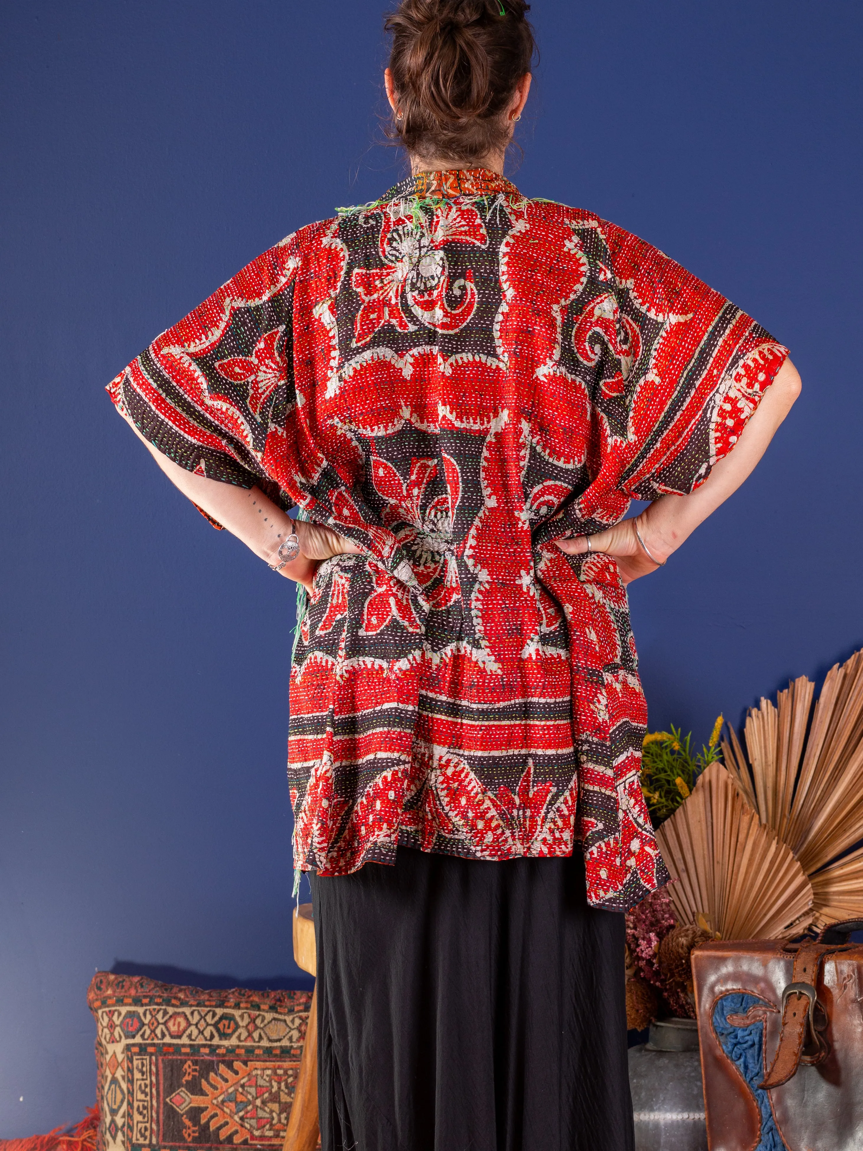 Kimono - silk reversible featuring hand stitching and pockets - oversized - Ocean and earth