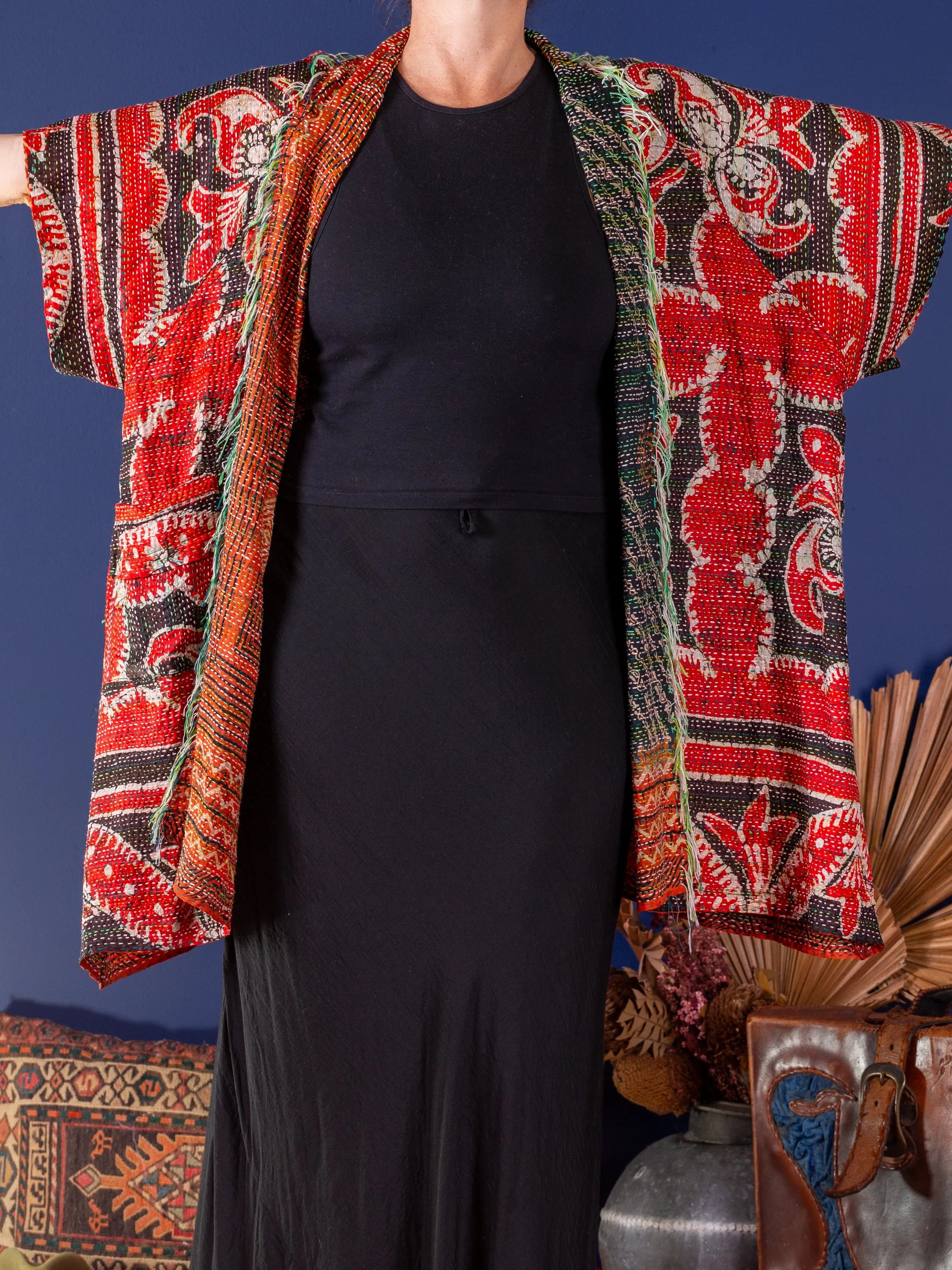 Kimono - silk reversible featuring hand stitching and pockets - oversized - Ocean and earth