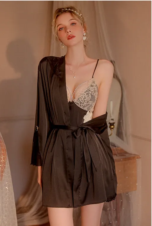 Lace V-neck Camisole Nightdress   Robe 2-Piece Set