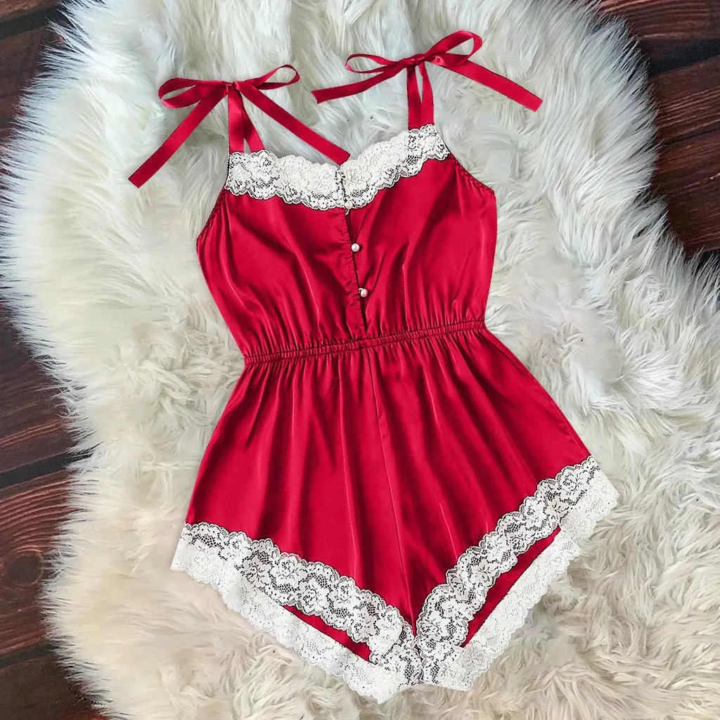 Ladies Sexy Silk Satin Pajama Set Lace Pyjama Set Sleeveless