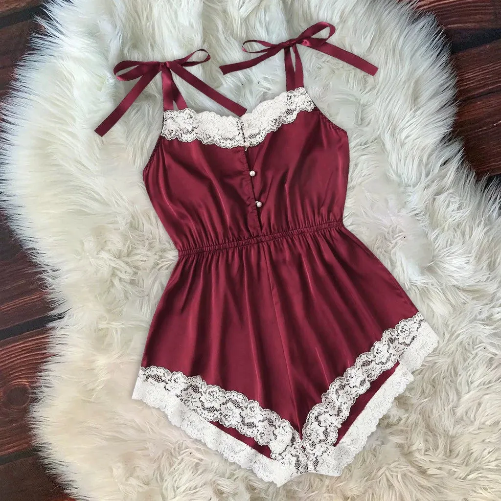 Ladies Sexy Silk Satin Pajama Set Lace Pyjama Set Sleeveless