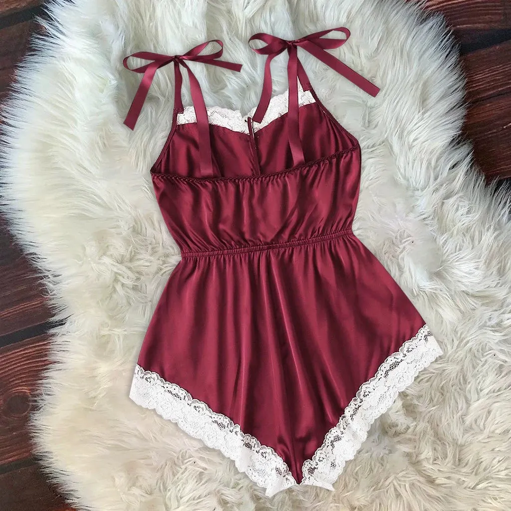 Ladies Sexy Silk Satin Pajama Set Lace Pyjama Set Sleeveless