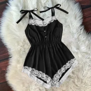 Ladies Sexy Silk Satin Pajama Set Lace Pyjama Set Sleeveless