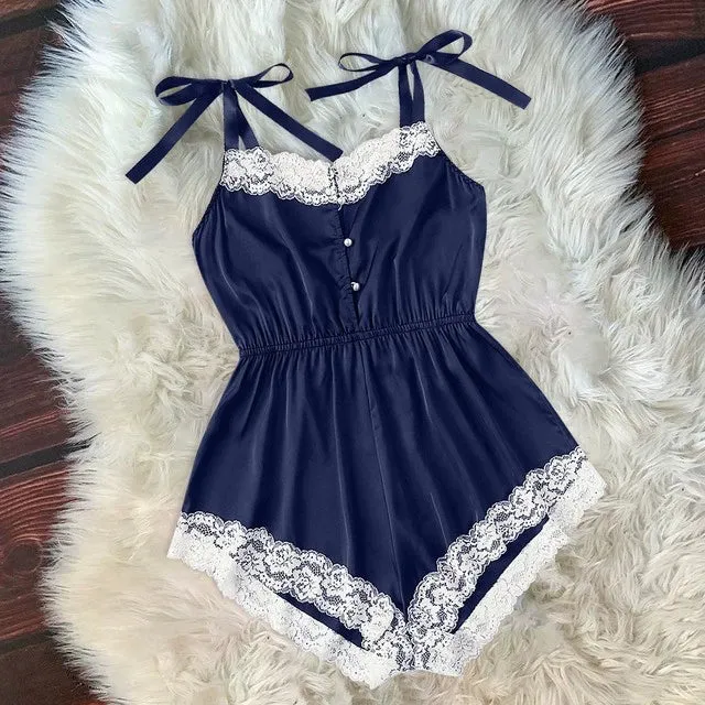 Ladies Sexy Silk Satin Pajama Set Lace Pyjama Set Sleeveless