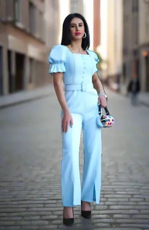 Lange Jumpsuit mit Kurze Puffärmel mit knöpfen mit Gürtel
