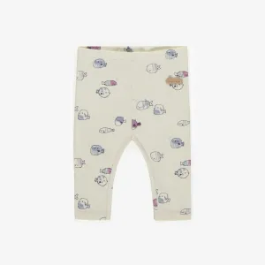 Legging crème à motif de poissons bleus et mauves en coton biologique, naissance || Cream legging with blue and purple fish print in organic cotton, newborn
