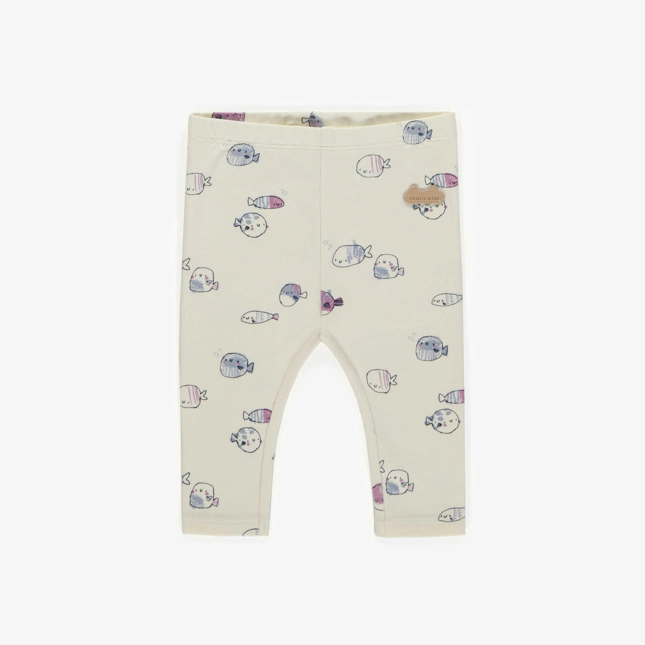 Legging crème à motif de poissons bleus et mauves en coton biologique, naissance || Cream legging with blue and purple fish print in organic cotton, newborn