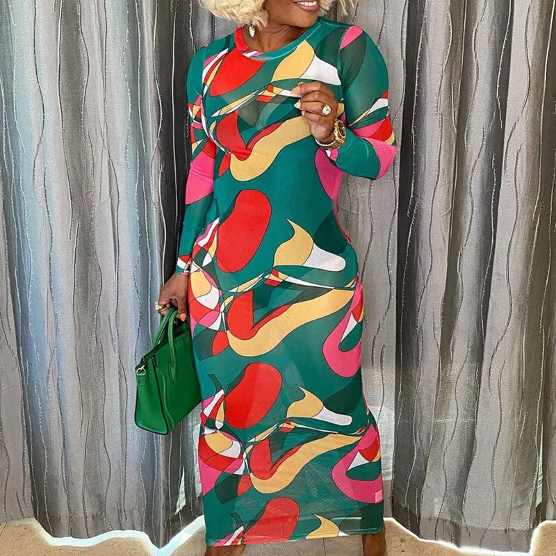 Leopard Pattern Long Sleeve Sheer Mesh Maxi Dress