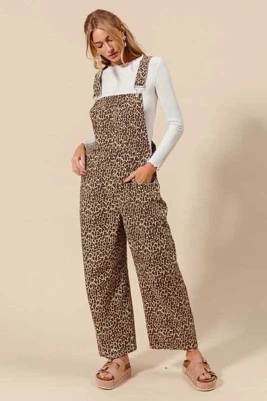 Leopard Twill Denim Slouchy Barrel Overalls