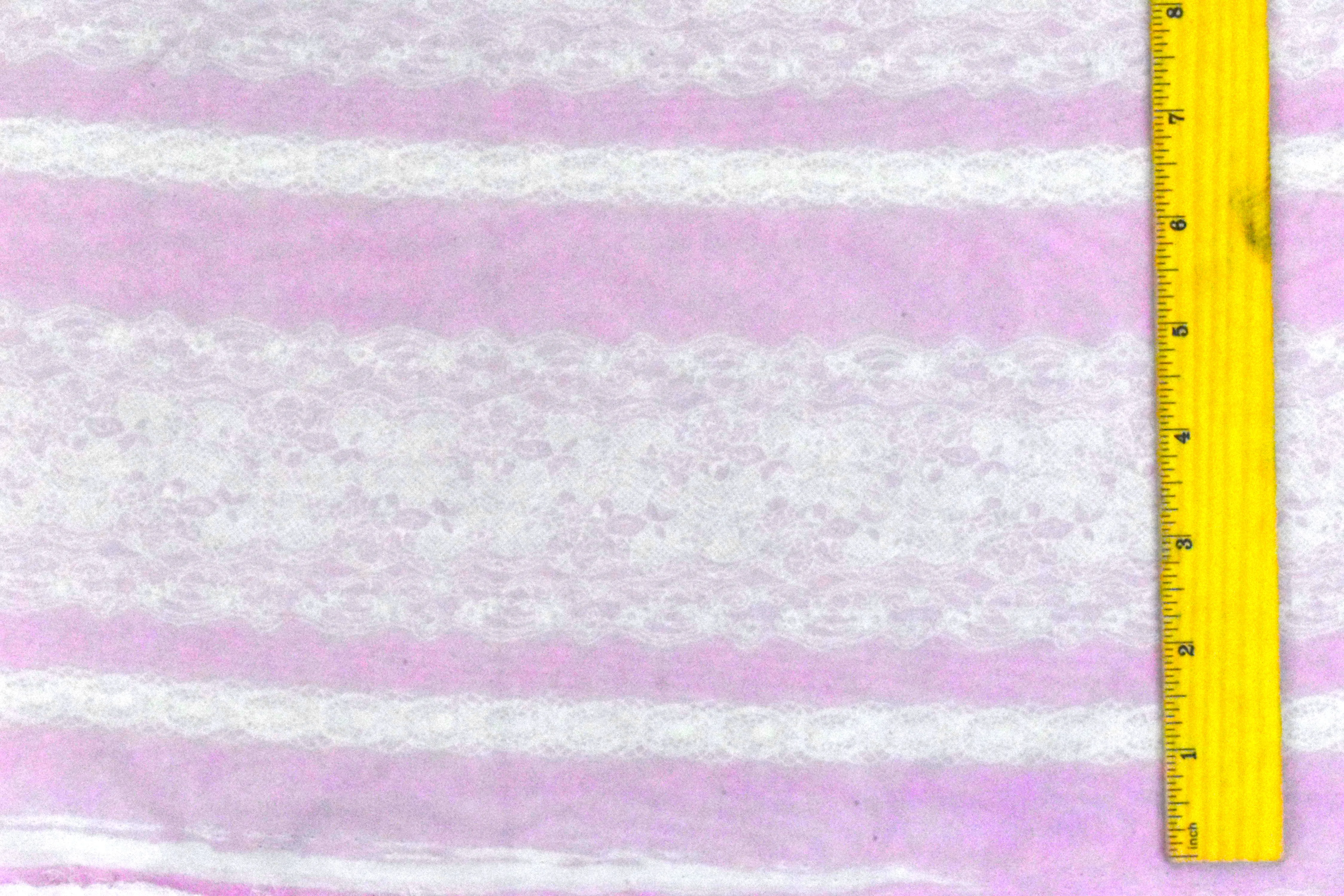 Light Fairy Pink-White Lace Stripe Printed Poly Chiffon Woven Fabric