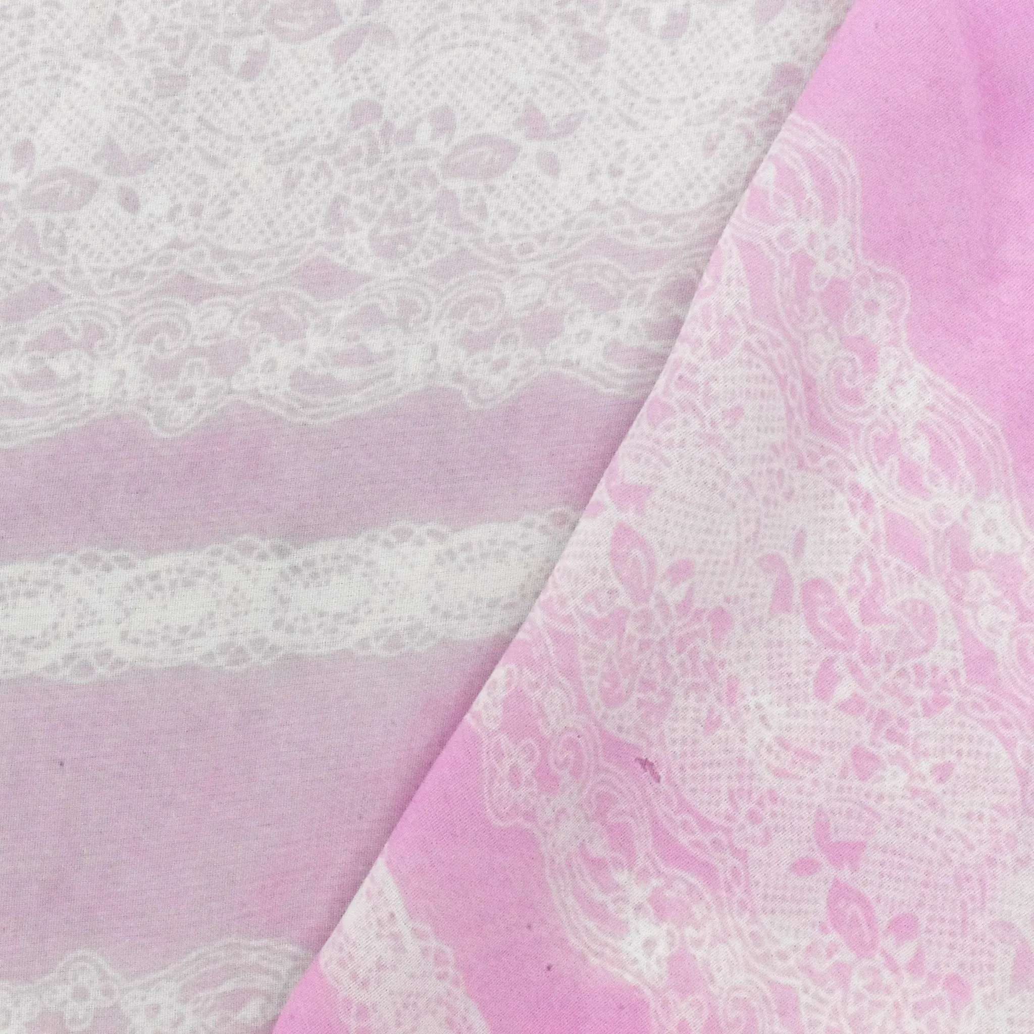 Light Fairy Pink-White Lace Stripe Printed Poly Chiffon Woven Fabric