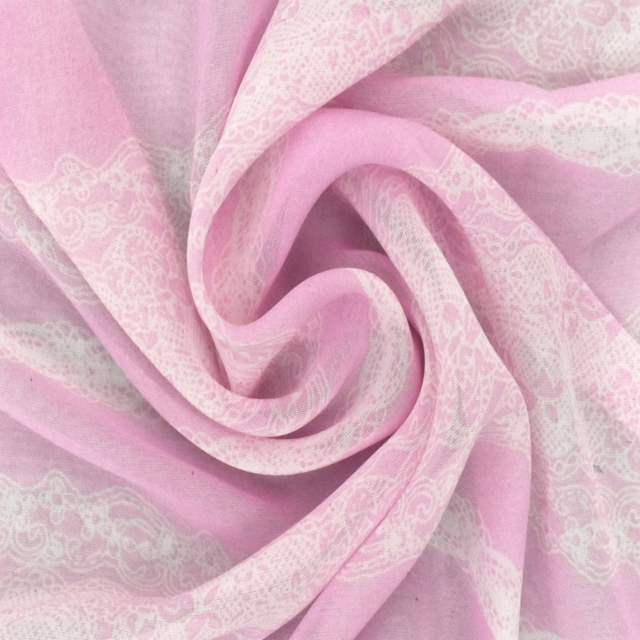 Light Fairy Pink-White Lace Stripe Printed Poly Chiffon Woven Fabric