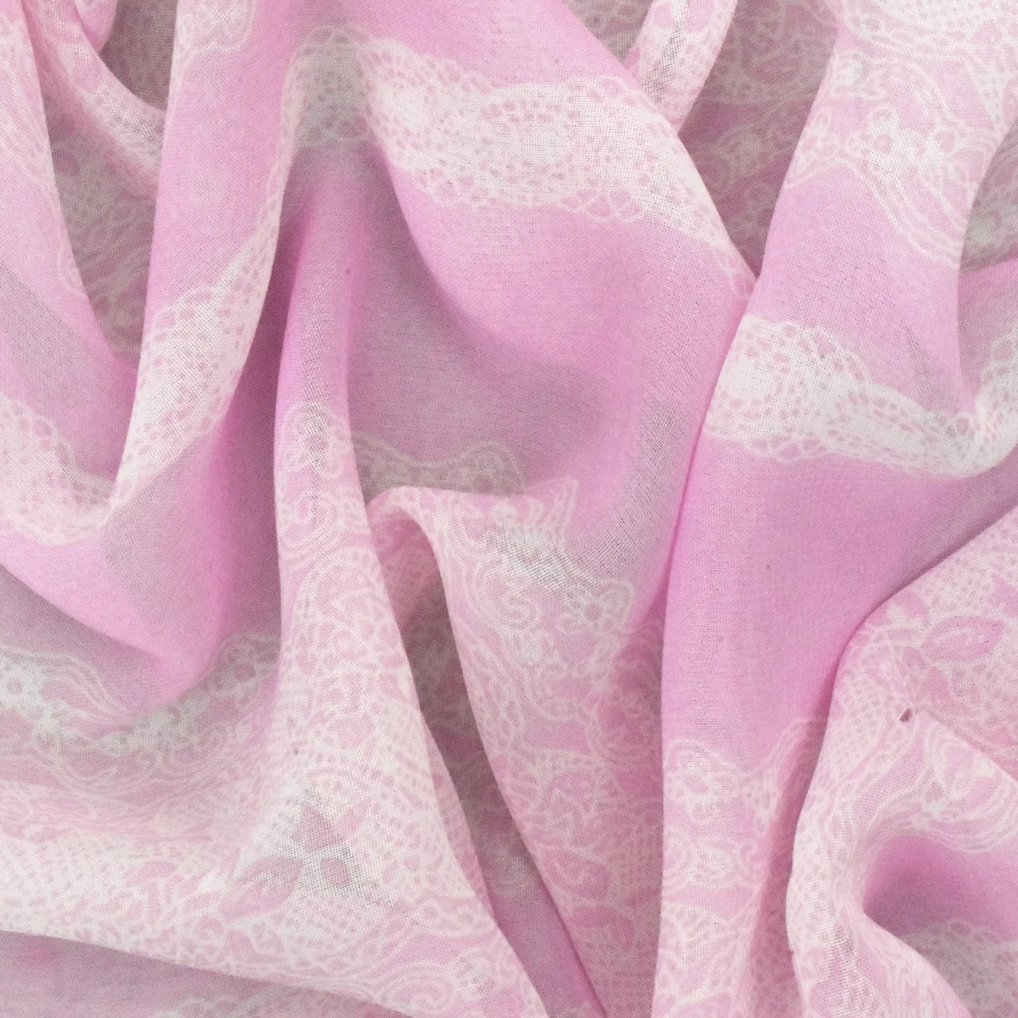 Light Fairy Pink-White Lace Stripe Printed Poly Chiffon Woven Fabric