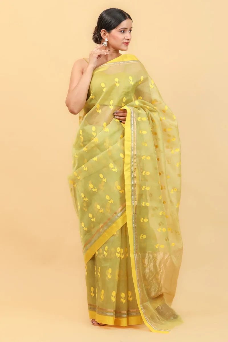 Lime Handwoven Katan Silk Saree With Yellow Border & Motifs
