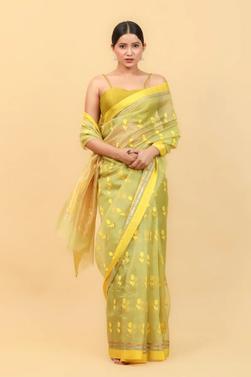 Lime Handwoven Katan Silk Saree With Yellow Border & Motifs