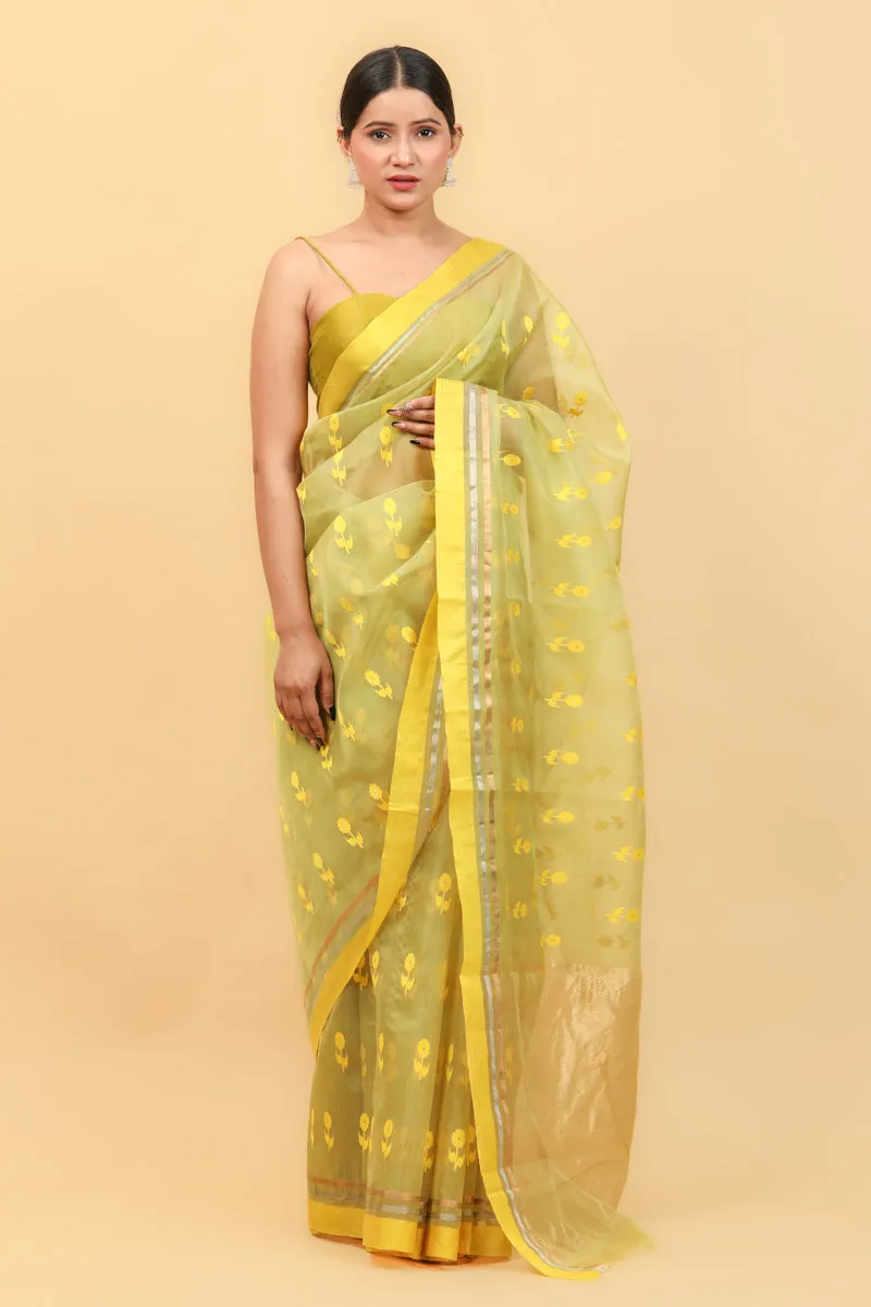 Lime Handwoven Katan Silk Saree With Yellow Border & Motifs