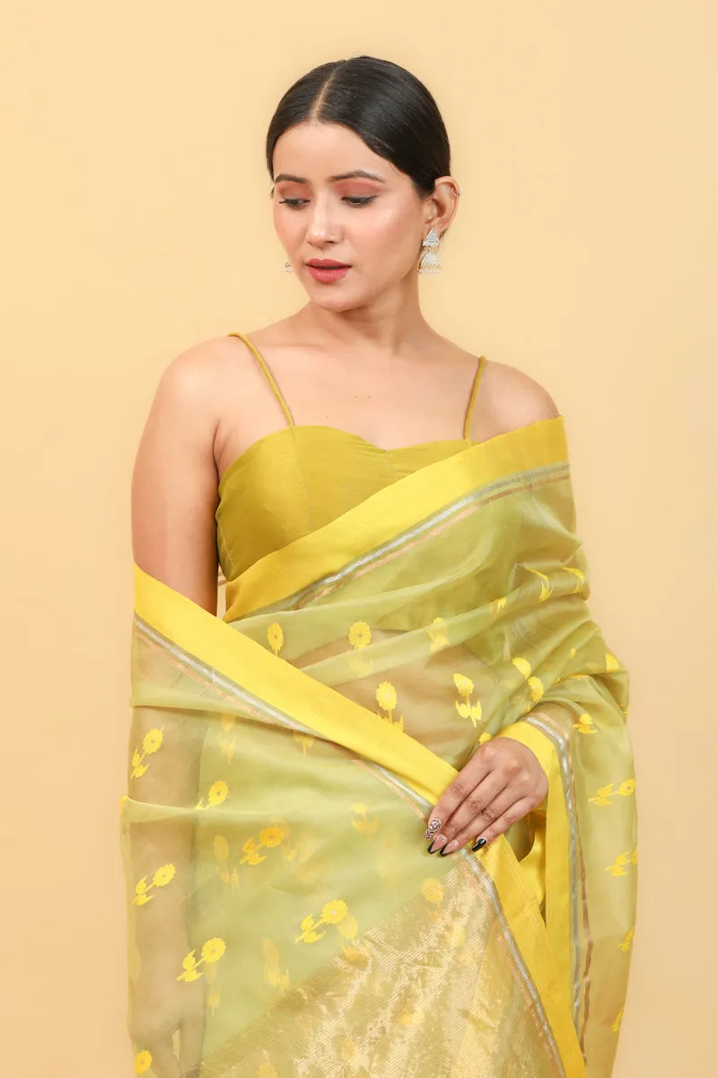 Lime Handwoven Katan Silk Saree With Yellow Border & Motifs