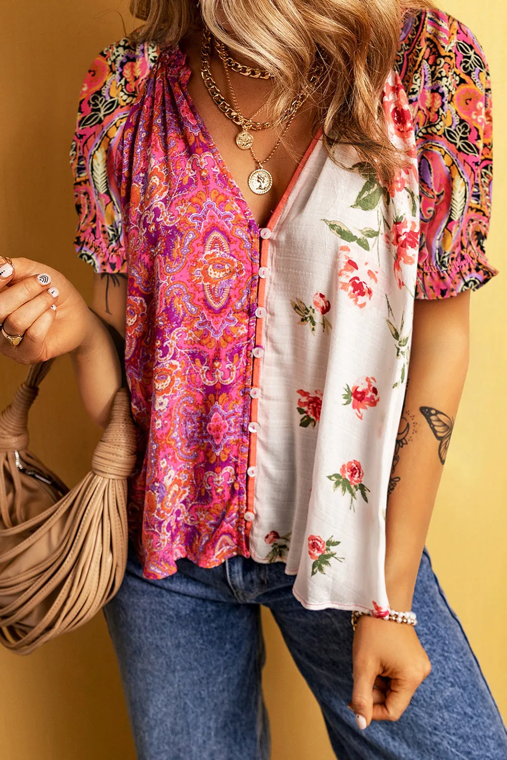 Lindina Printed V-Neck Short Sleeve Blouse