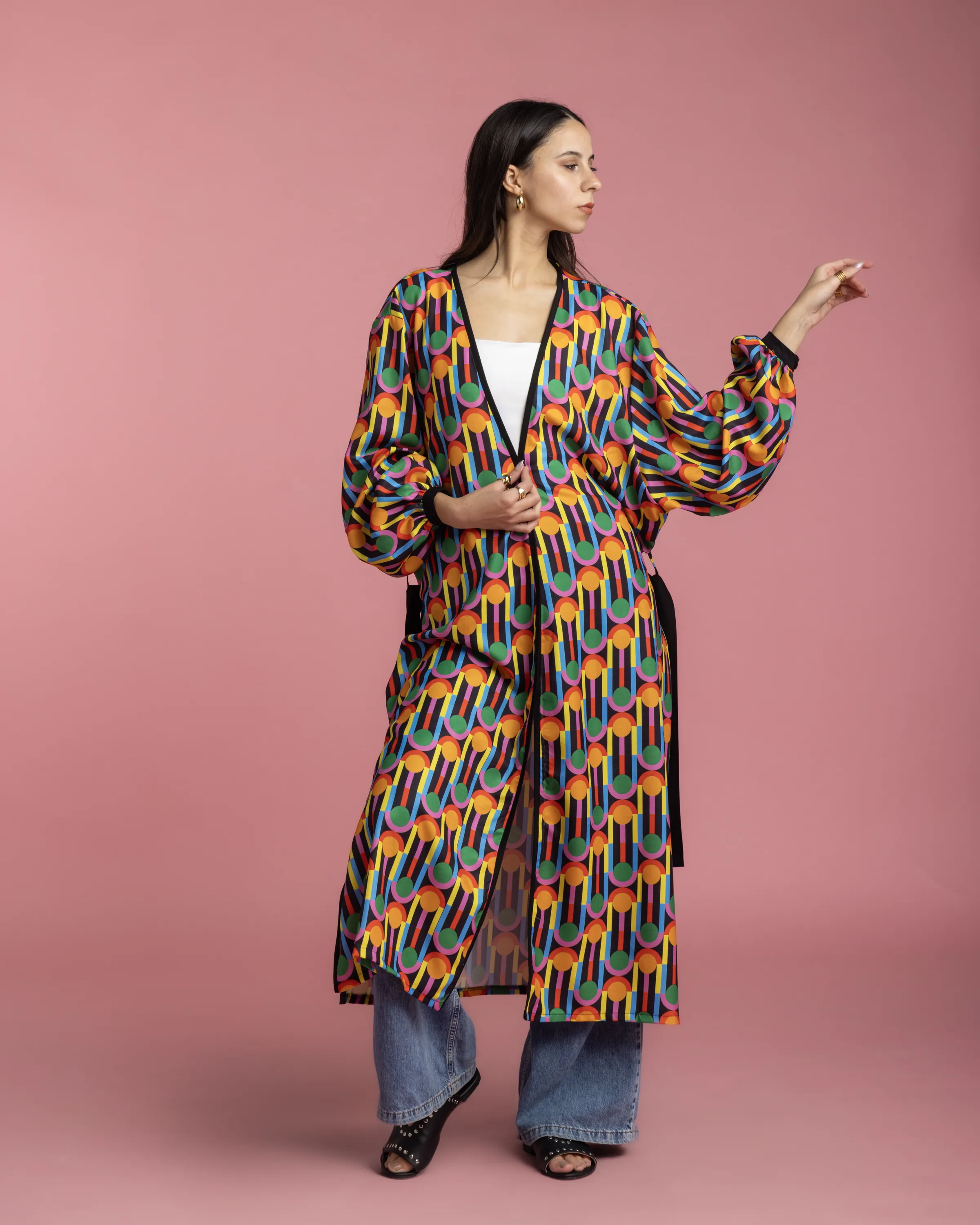 Long Printed Kimono - Circles