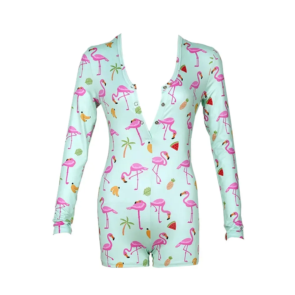 Long Sleeve Button Deep V Neck Stretch Leotard Onesie Pajamas