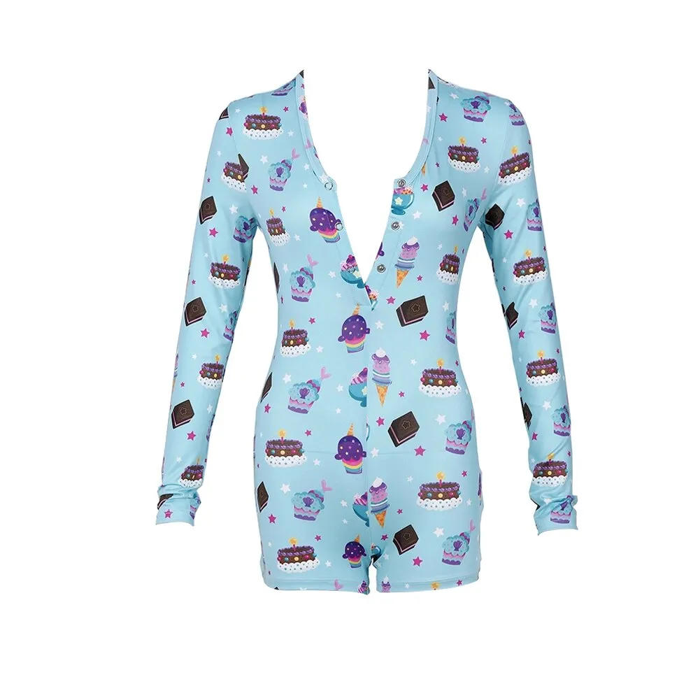 Long Sleeve Button Deep V Neck Stretch Leotard Onesie Pajamas
