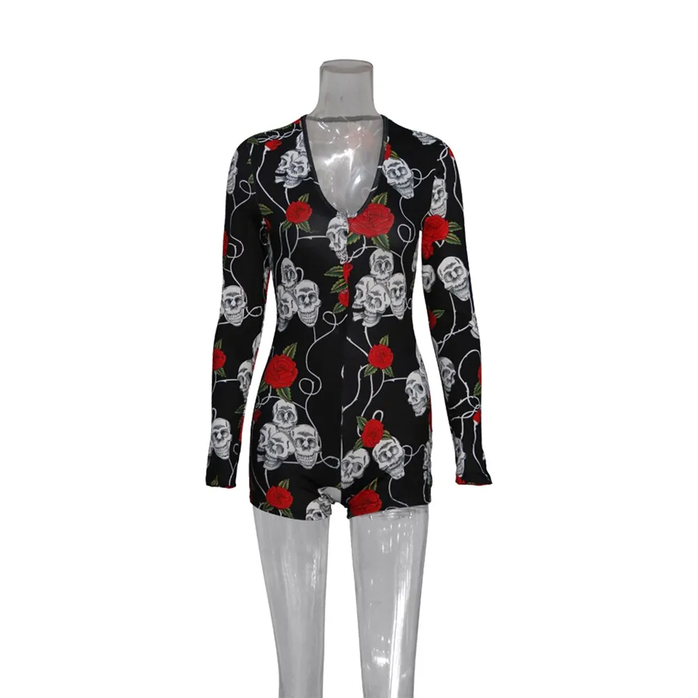 Long Sleeve Button Deep V Neck Stretch Leotard Onesie Pajamas