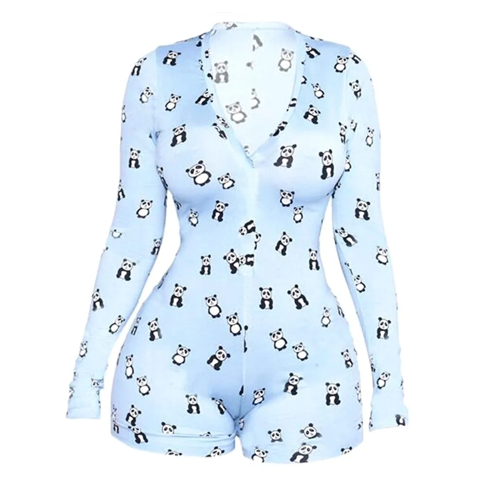 Long Sleeve Button Deep V Neck Stretch Leotard Onesie Pajamas