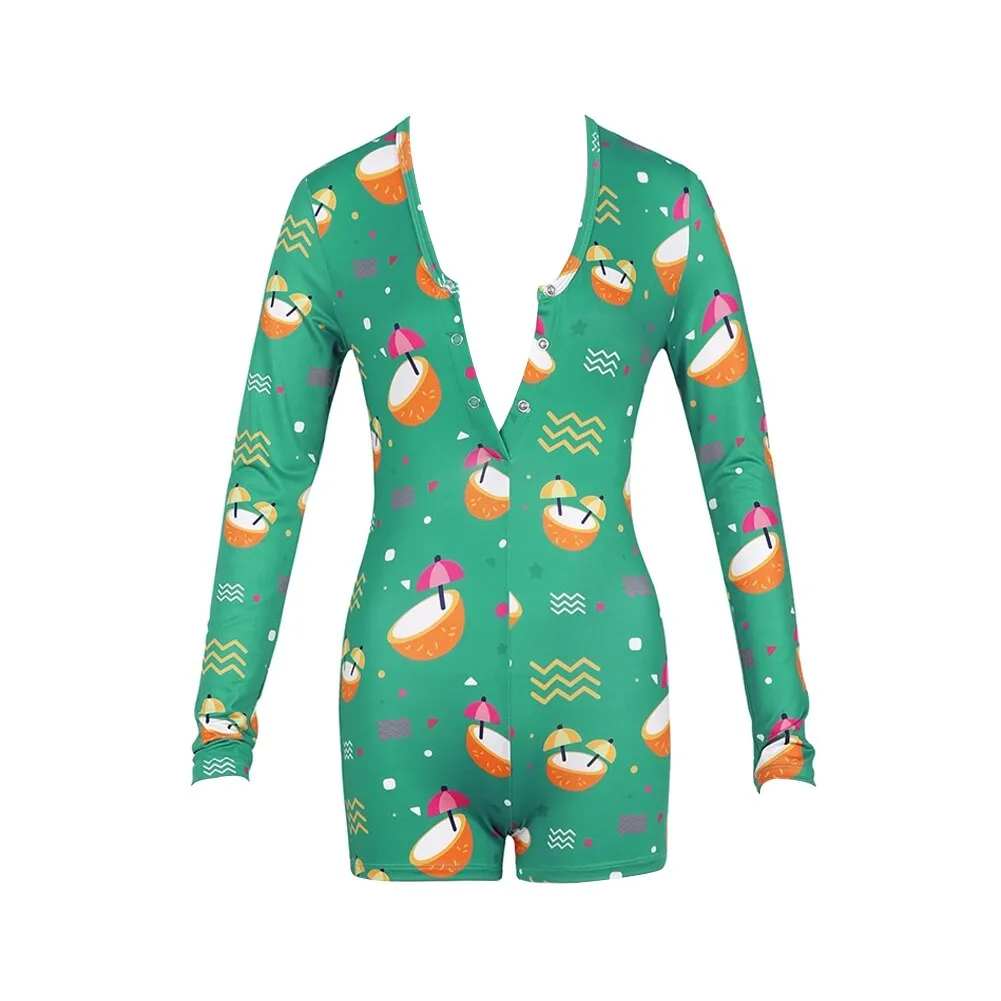 Long Sleeve Button Deep V Neck Stretch Leotard Onesie Pajamas