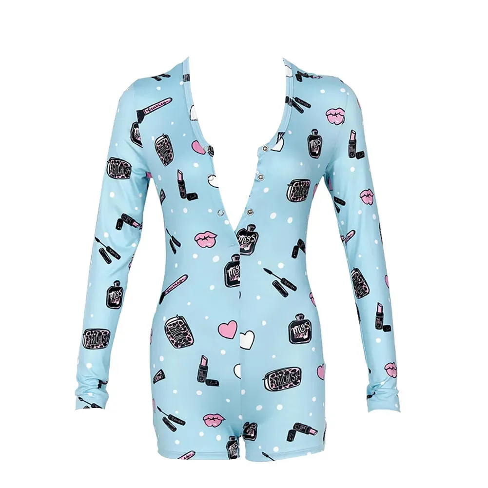Long Sleeve Button Deep V Neck Stretch Leotard Onesie Pajamas