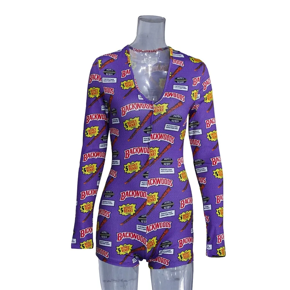 Long Sleeve Button Deep V Neck Stretch Leotard Onesie Pajamas