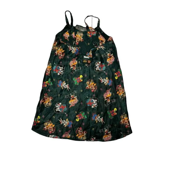 Looney Tunes Women’s Vintage Night Gown Pajamas Satin Chemise Christmas Green M