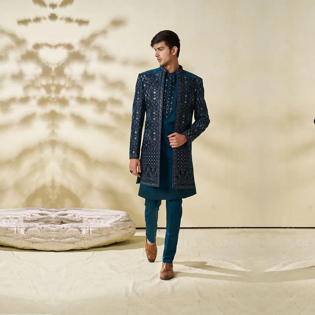 Majestic Blue Sherwani with Gold Embroidery