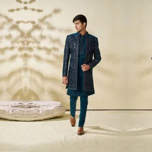 Majestic Blue Sherwani with Gold Embroidery