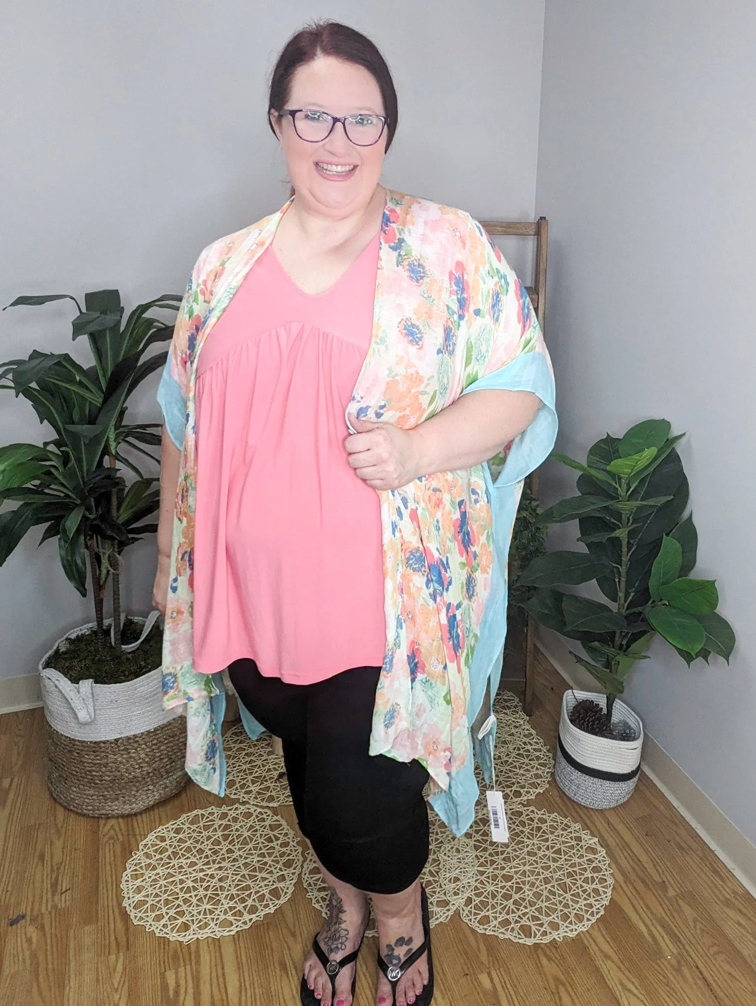 Marian Aqua Trimmed Spring Floral Kimono