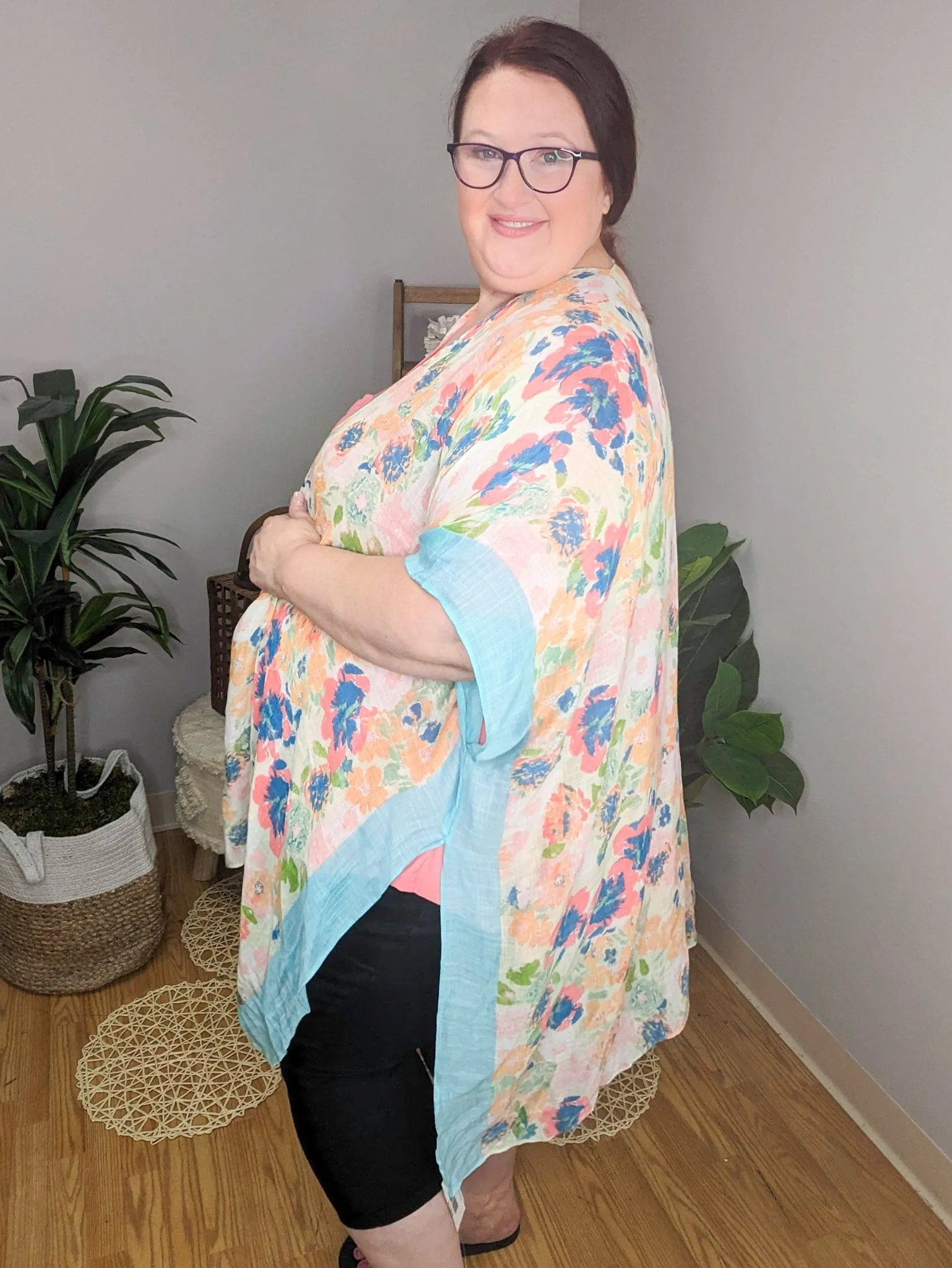 Marian Aqua Trimmed Spring Floral Kimono