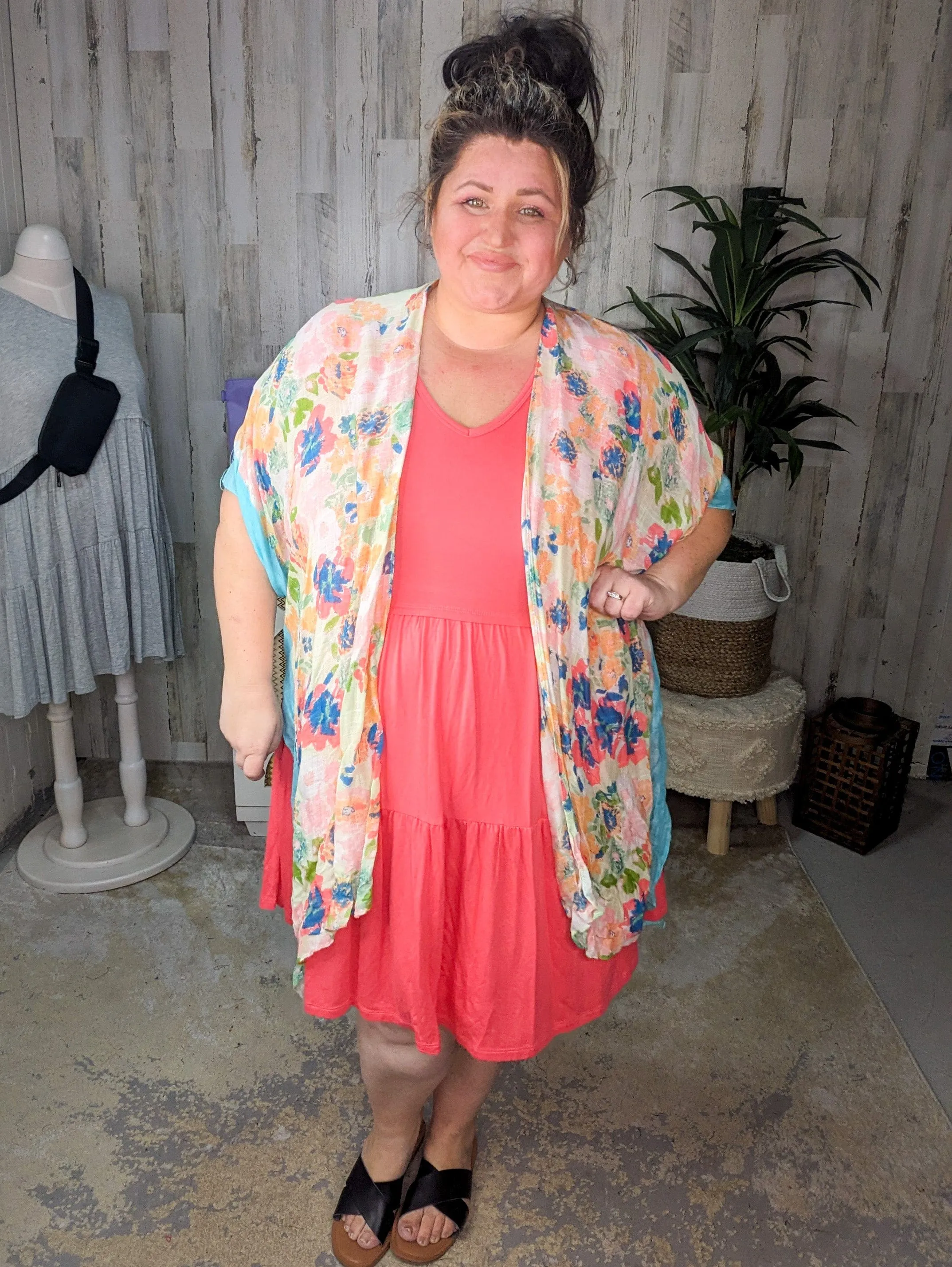 Marian Aqua Trimmed Spring Floral Kimono