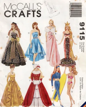 McCall's 9115 Barbie Doll Wardrobe Ballgown Swimsuit & Evening Wear 1990s Vintage Sewing Pattern Size 11 1/2 inches UNCUT Factory Folded