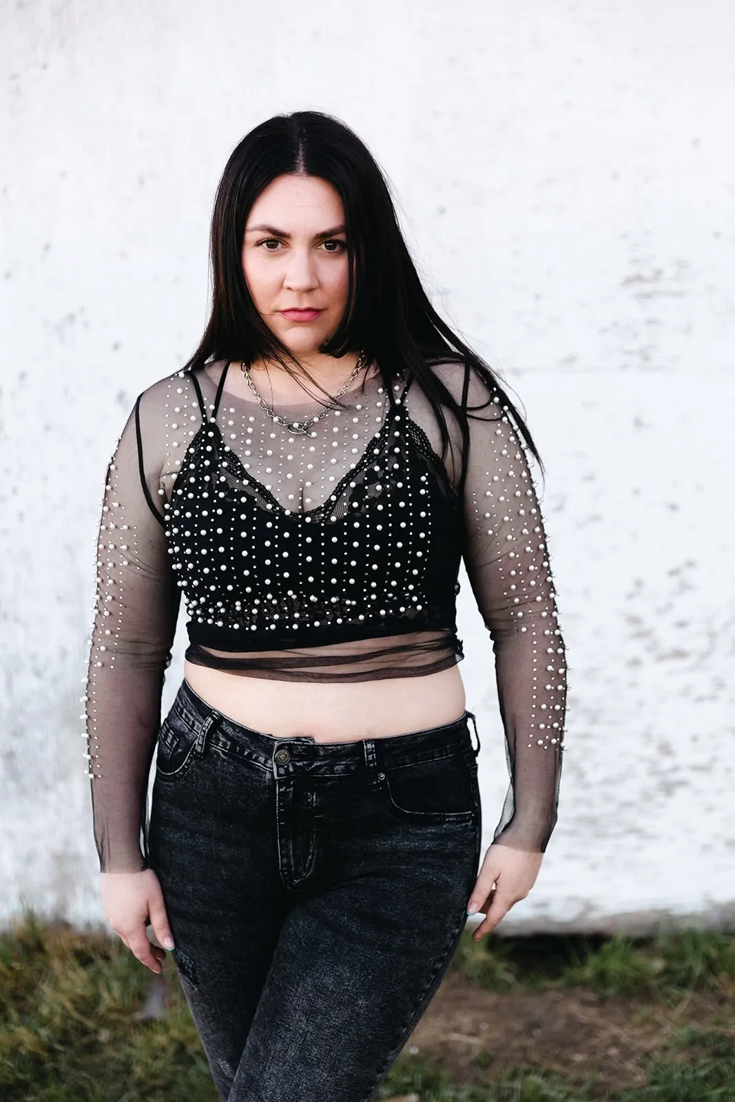 Megan Beaded Mesh Long Sleeve Top